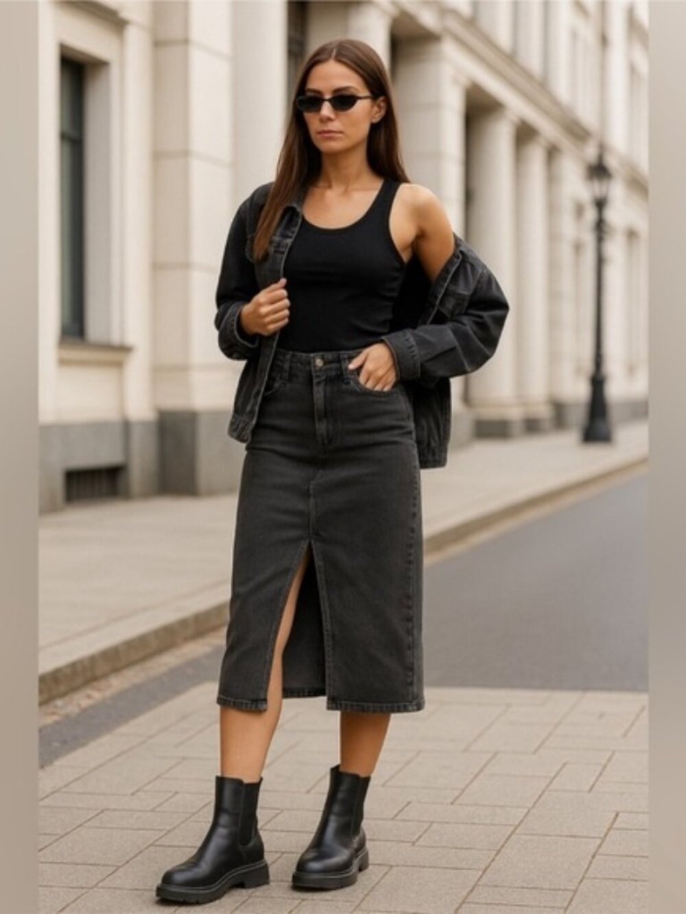 New Hudson Fashion Reconstructed Midi Denim Black Skirt With Front Slit Size 26